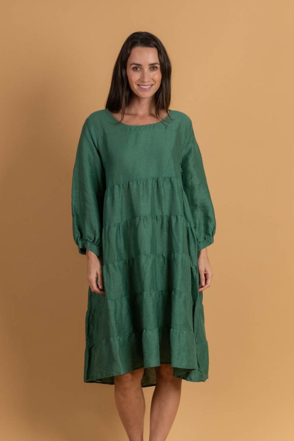 LUXE LINEN TIRED DRESS - FOREST GRN