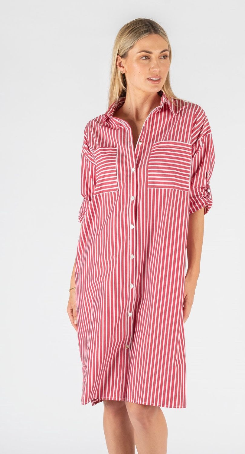 MEGAN COTTON SHIRT DRESS - RED STRIPE