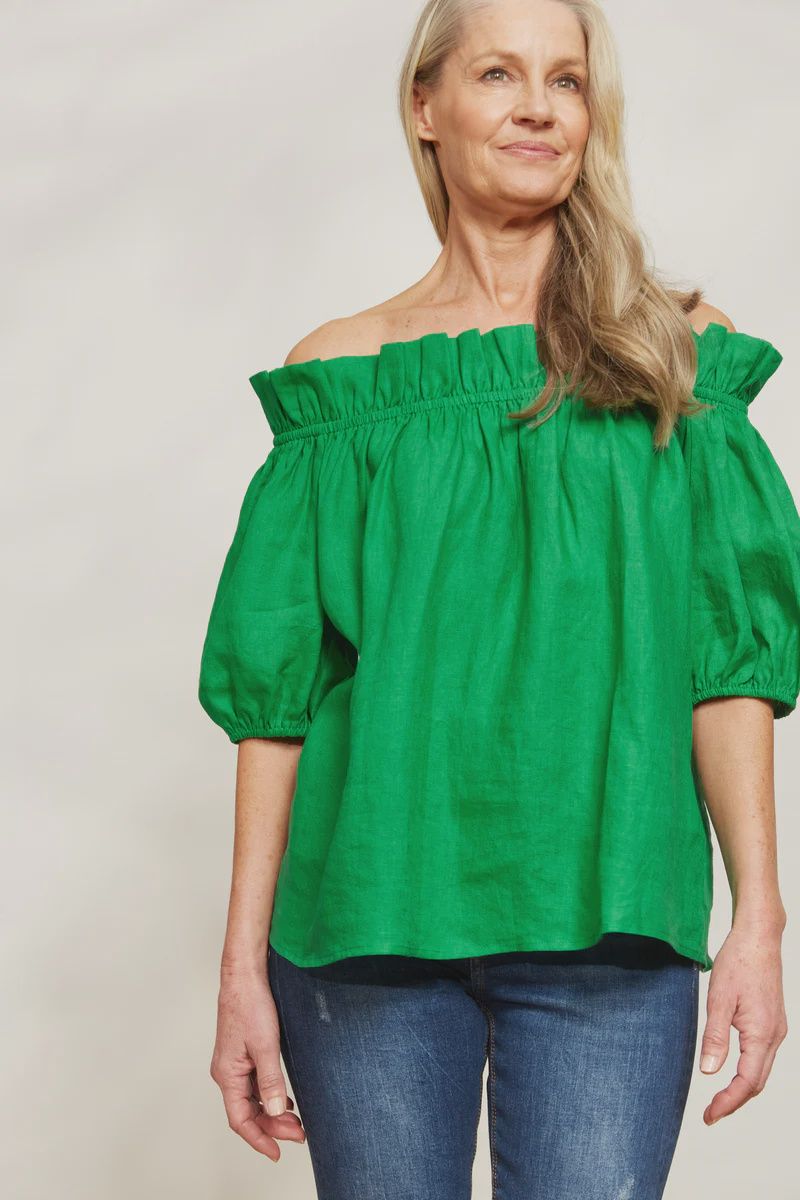 HALYCON RUNCHED LINEN TOP - EMERALD