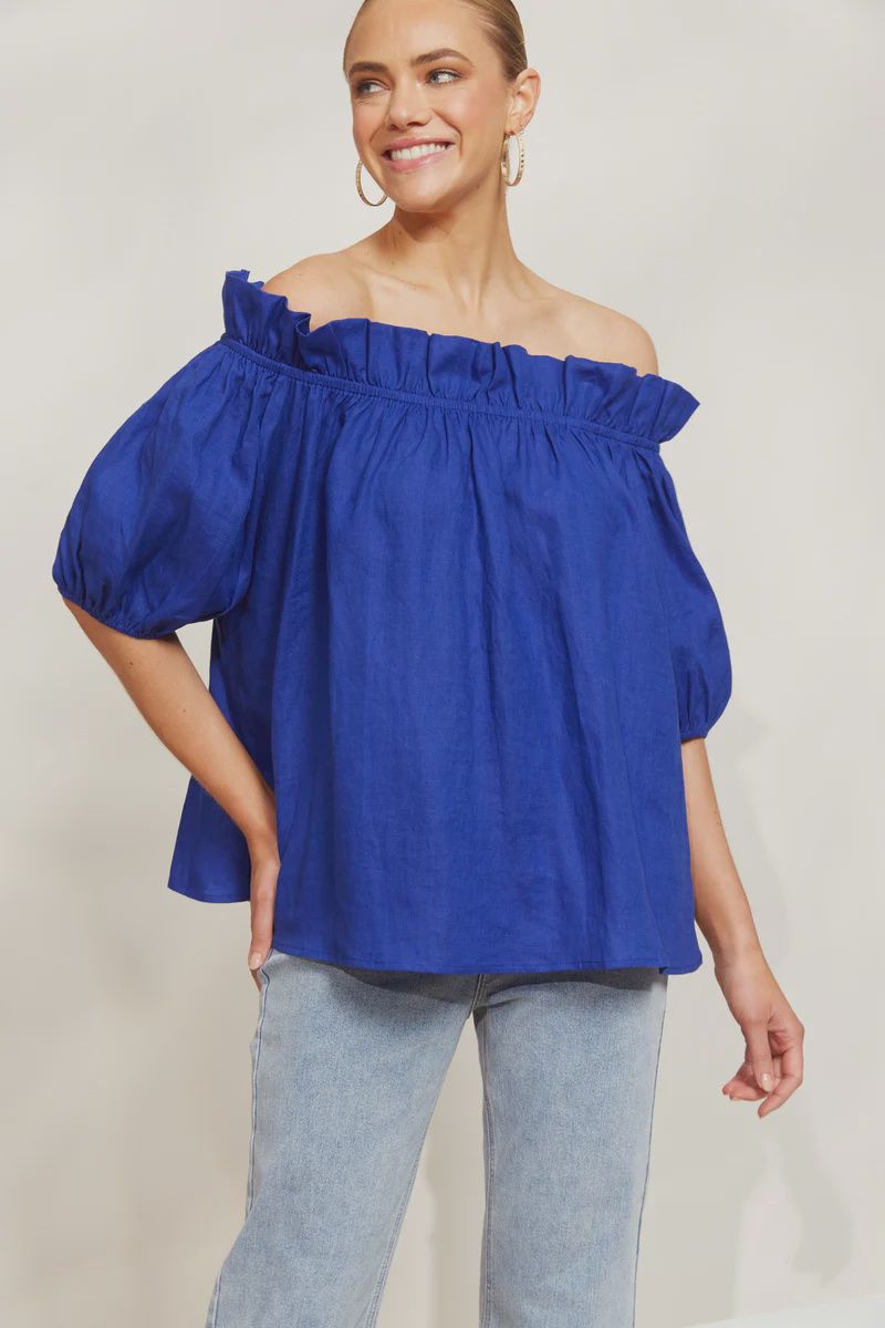 HALYCON RUNCHED LINEN TOP - COBALT