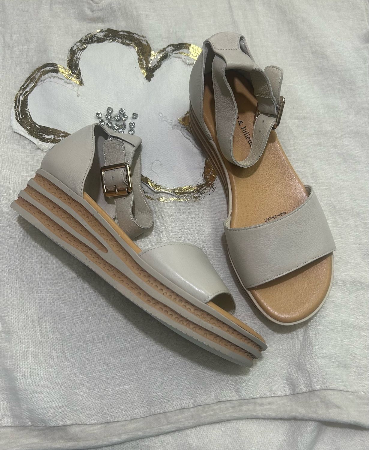 CONTER LEATHER WEDGE SANDALS - ALMOND