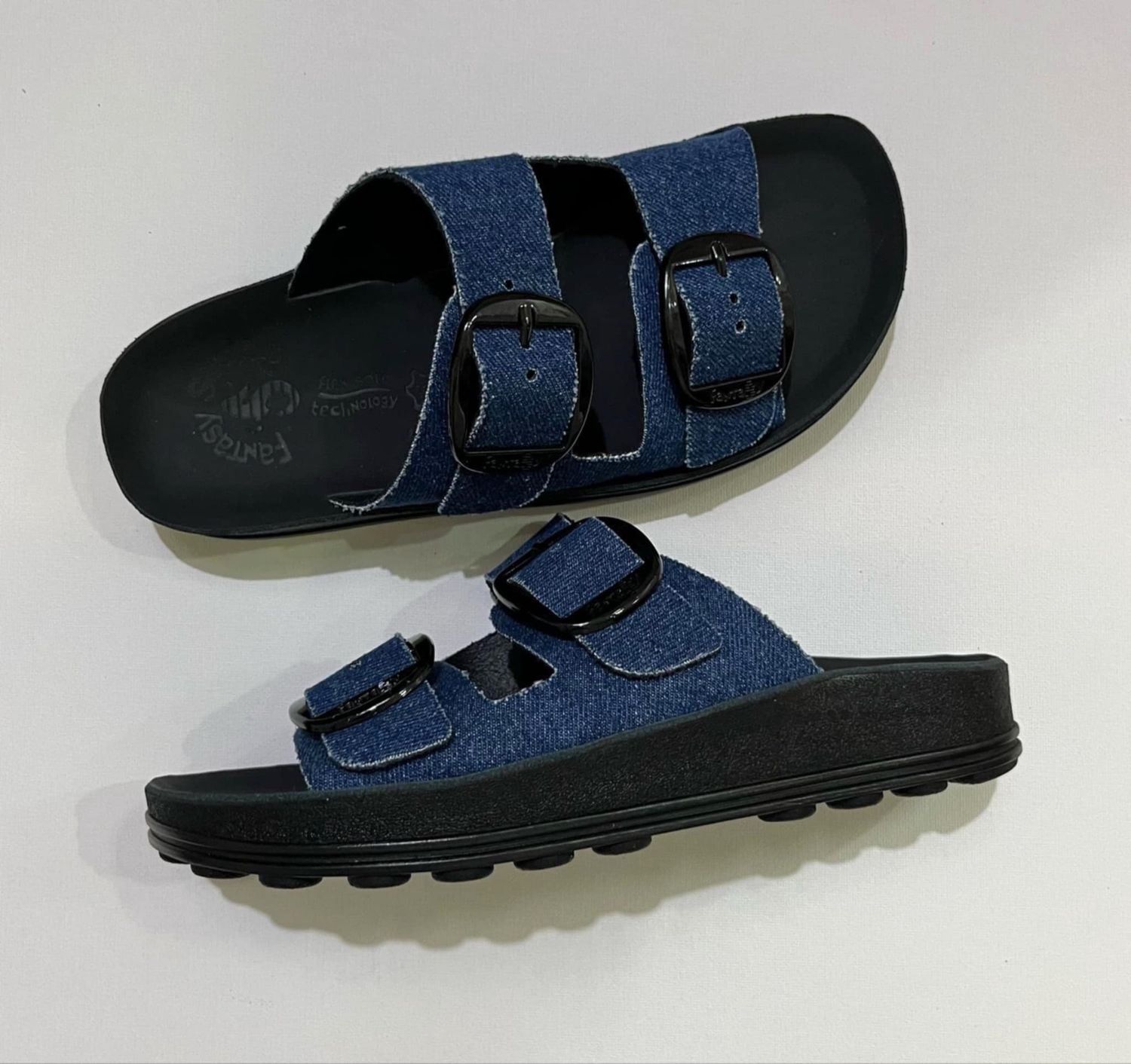 DESPONIA LEATHER SLIDES - DENIM