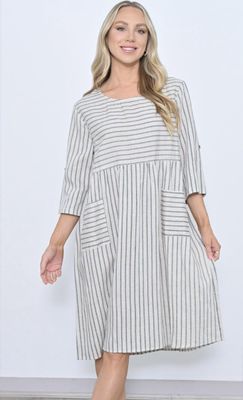 SIDE POCKET LINEN DRESS - STRIPE