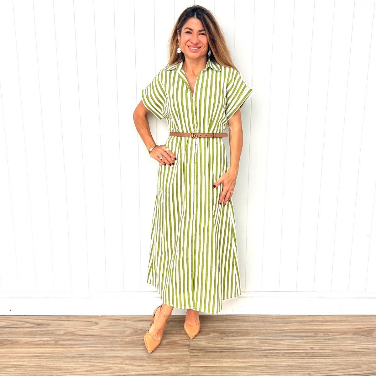 PEYTON BELTED DRESS - GREEN STRIPE