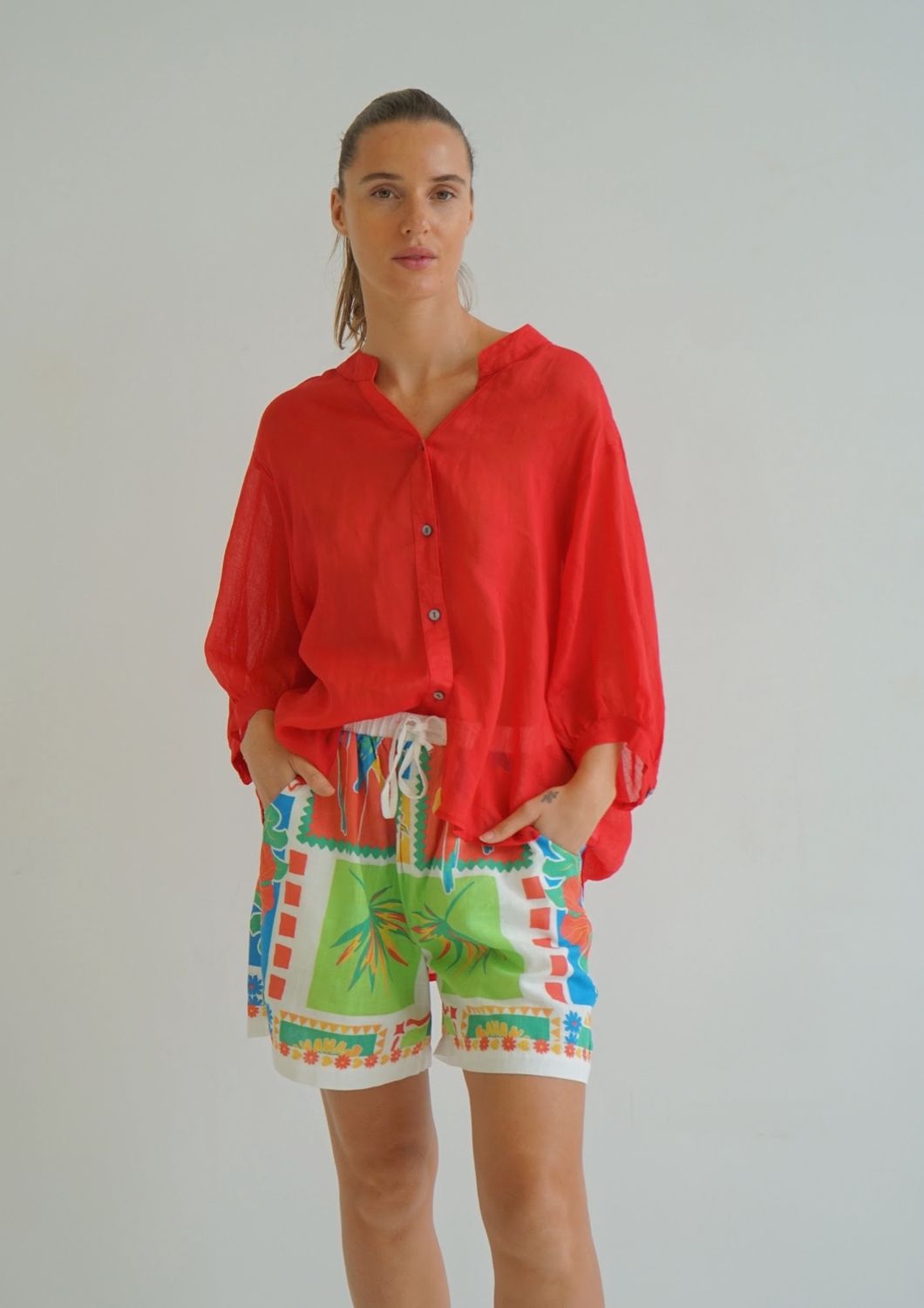 AURORA LINEN BUTTON SHIRT - RED
