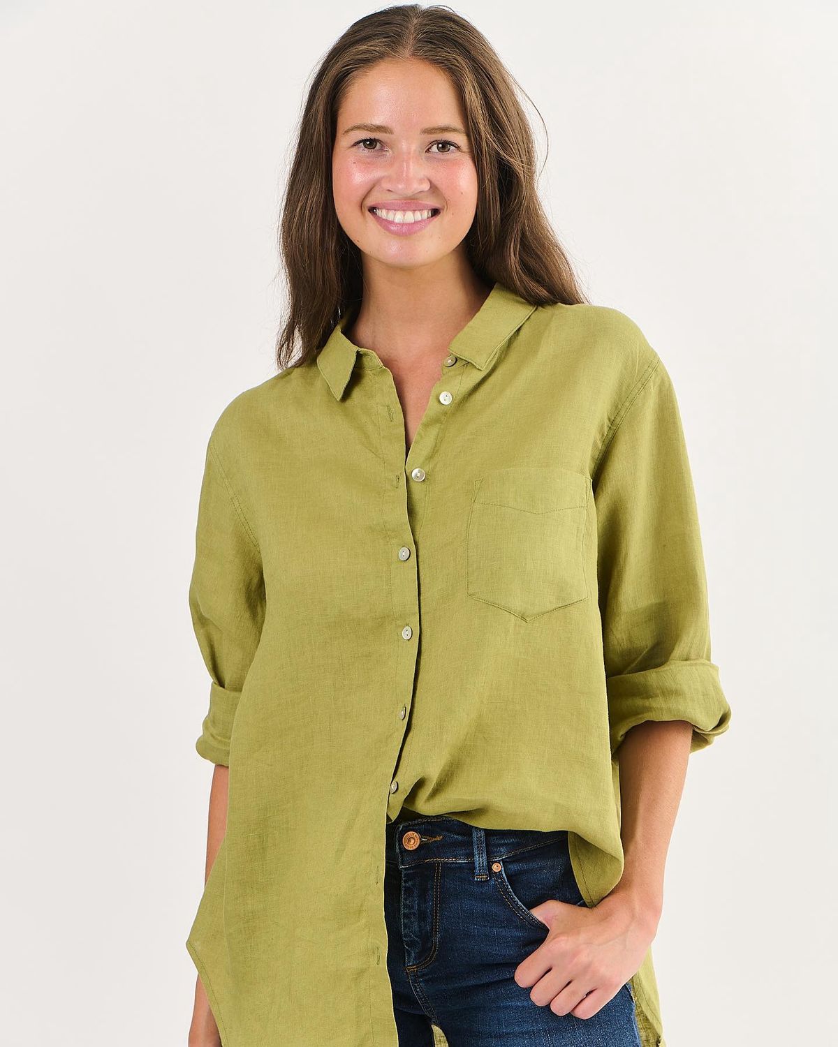 OLIVIA LONGSLEEVE LINEN SHIRT - OLIVE