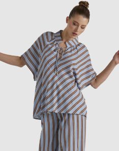 GROUNDED SLEEVE BLOUSE - TOBACCO/BLUE STRIPE