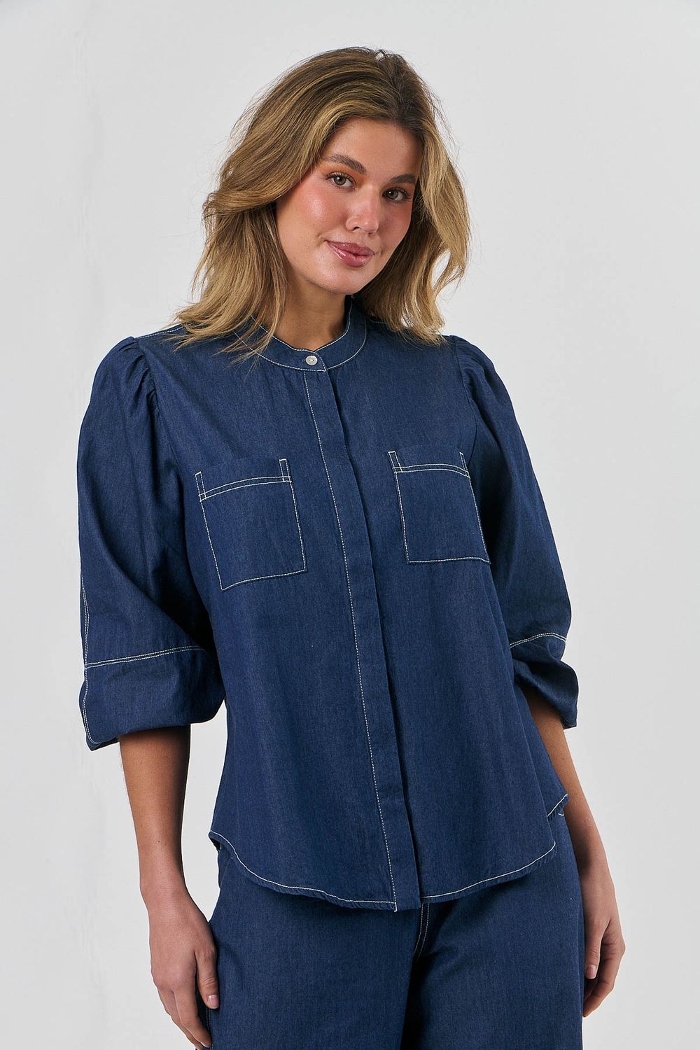 STEPHANIE BUTTON BLOUSE - DENIM