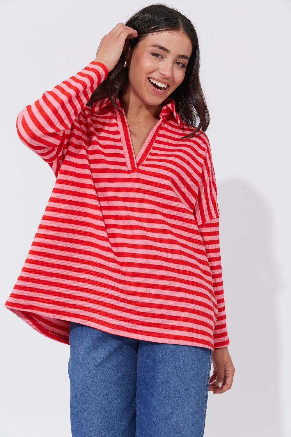 LAPAZ SLEEVE TOP - RED/PINK STRIPE