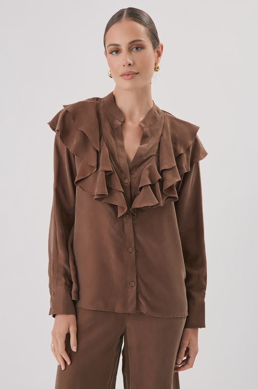 MICKY FRILLED CUPRO SHIRT - CHOC