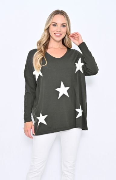FLUFFY STAR KNIT JUMPER - OLIVE