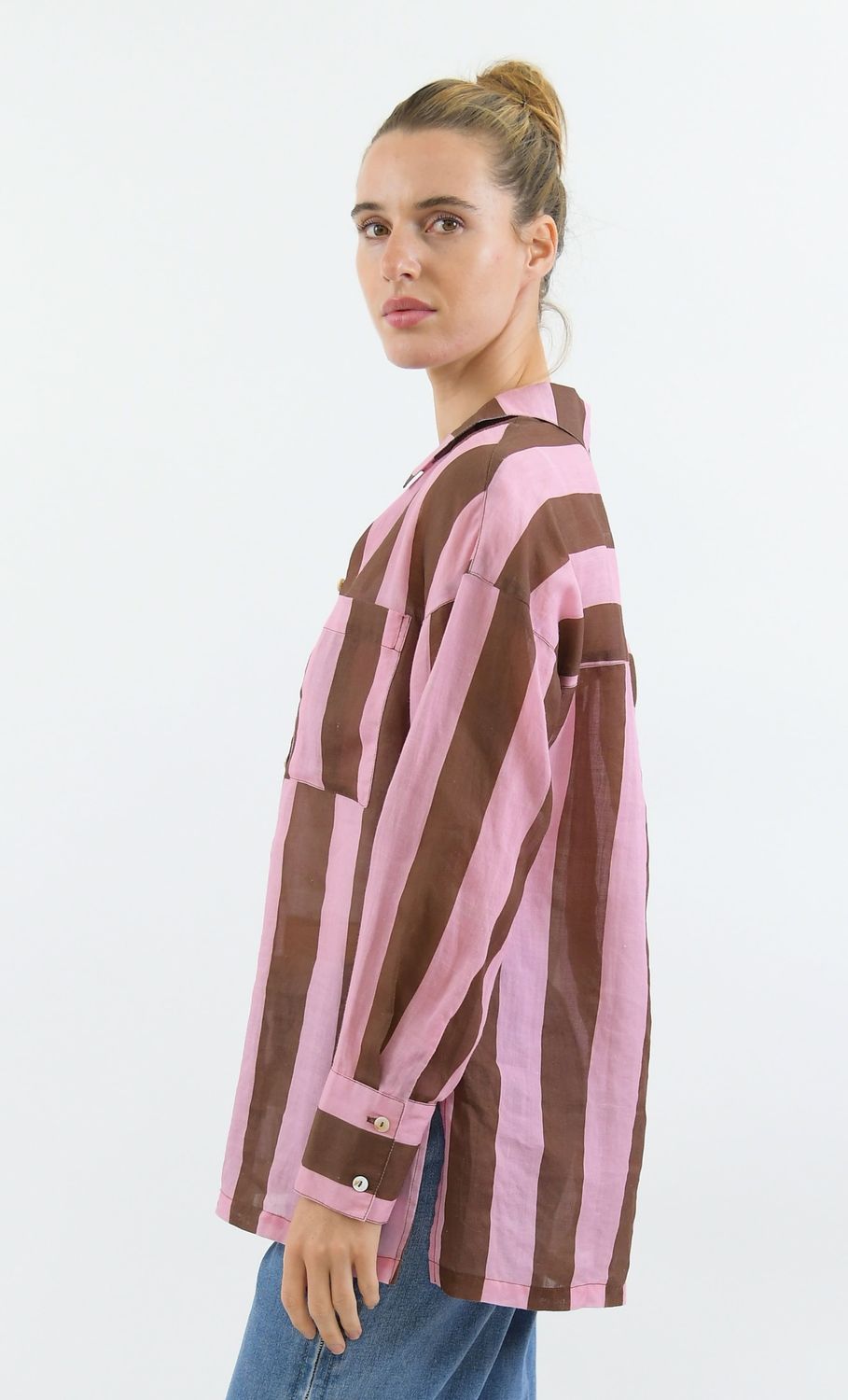 FAYE STRIPED LINEN BLOUSE - CHOC/PINK