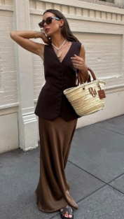 ELLIE HIGH WAIST SATIN SKIRT - CHOC