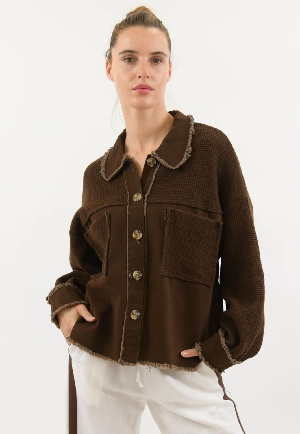 CLARA WAFFLE JACKET - CHOC