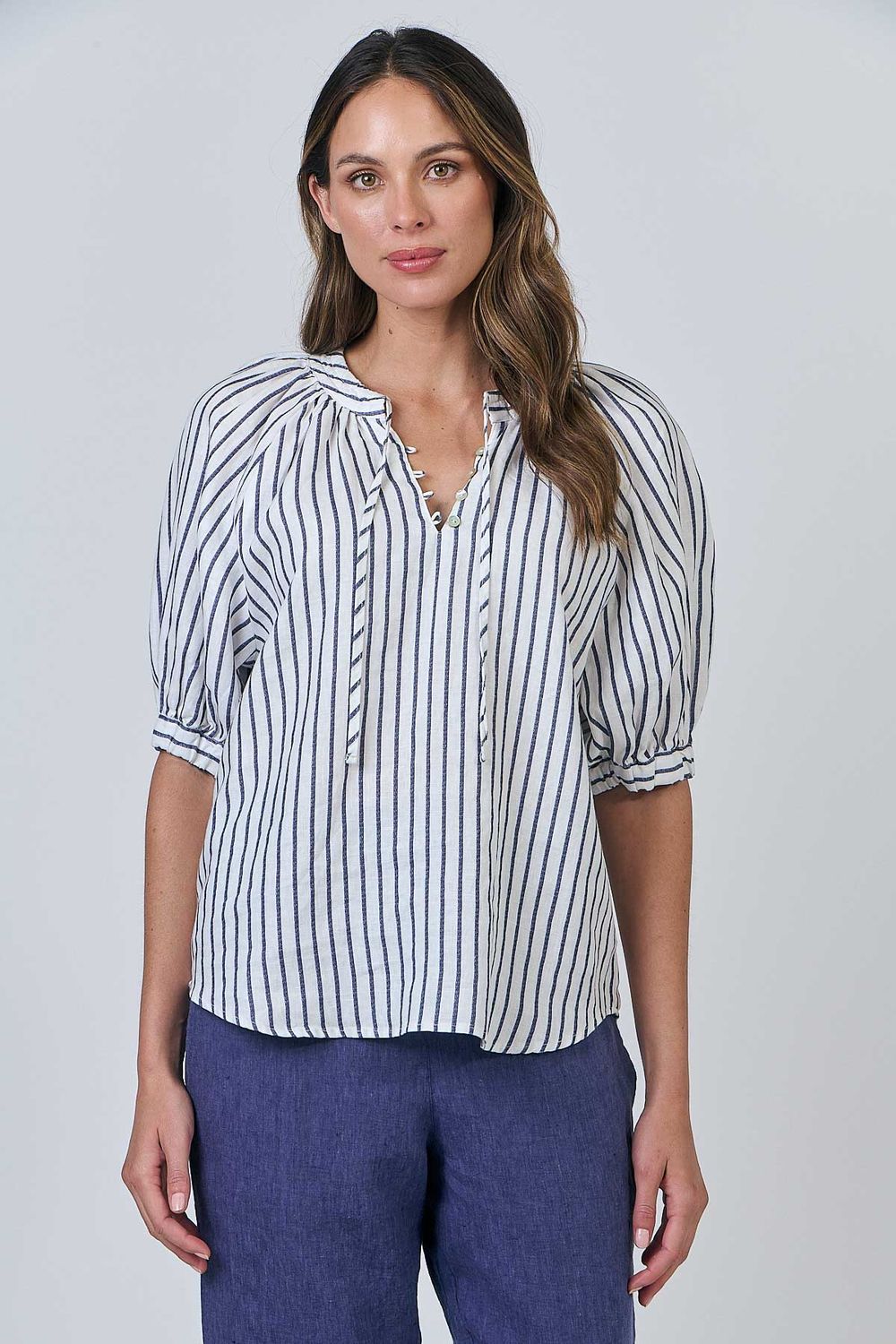 OLLIE SLEEVE BLOUSE - BLUEBERRY/STRIPE