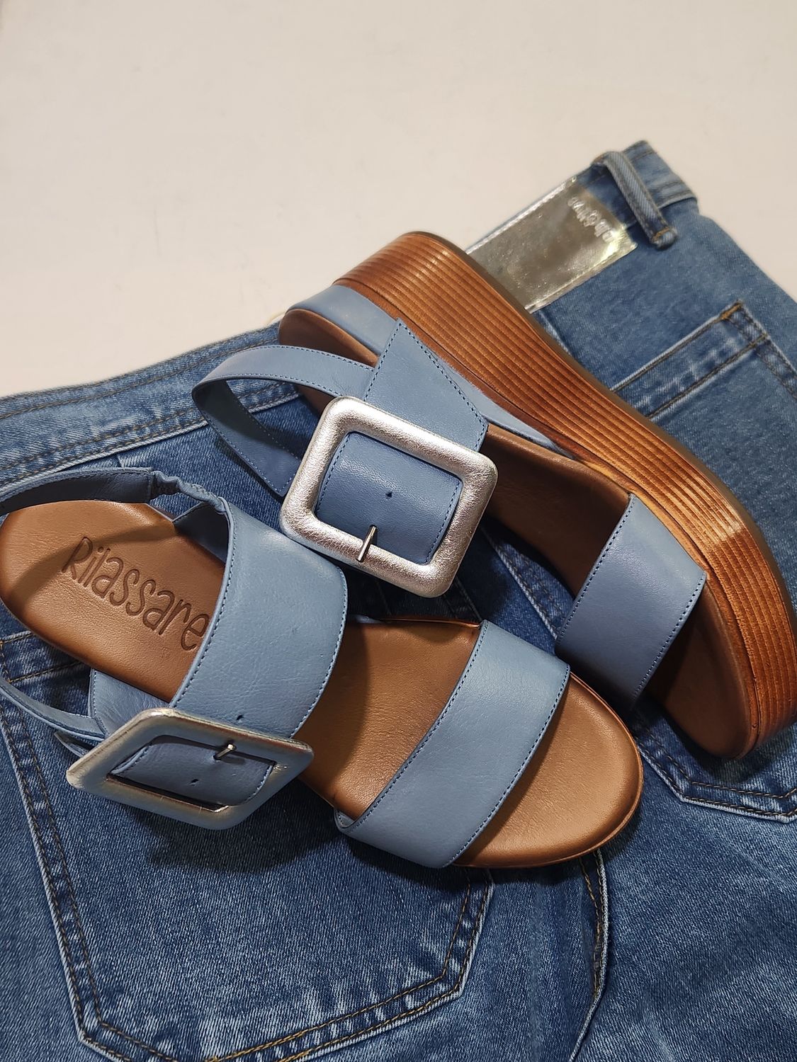 DUTCH LEATHER WEDGES - DENIM &amp; SILVER