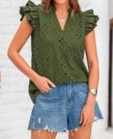 V NECK EYELET FRILL SLEEVES TOP - GREEN