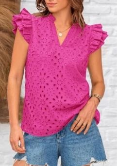 V NECK EYELET FRILL SLEEVES TOP - PINK