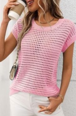 TEXTURED CROCHET KNIT TOP - PINK