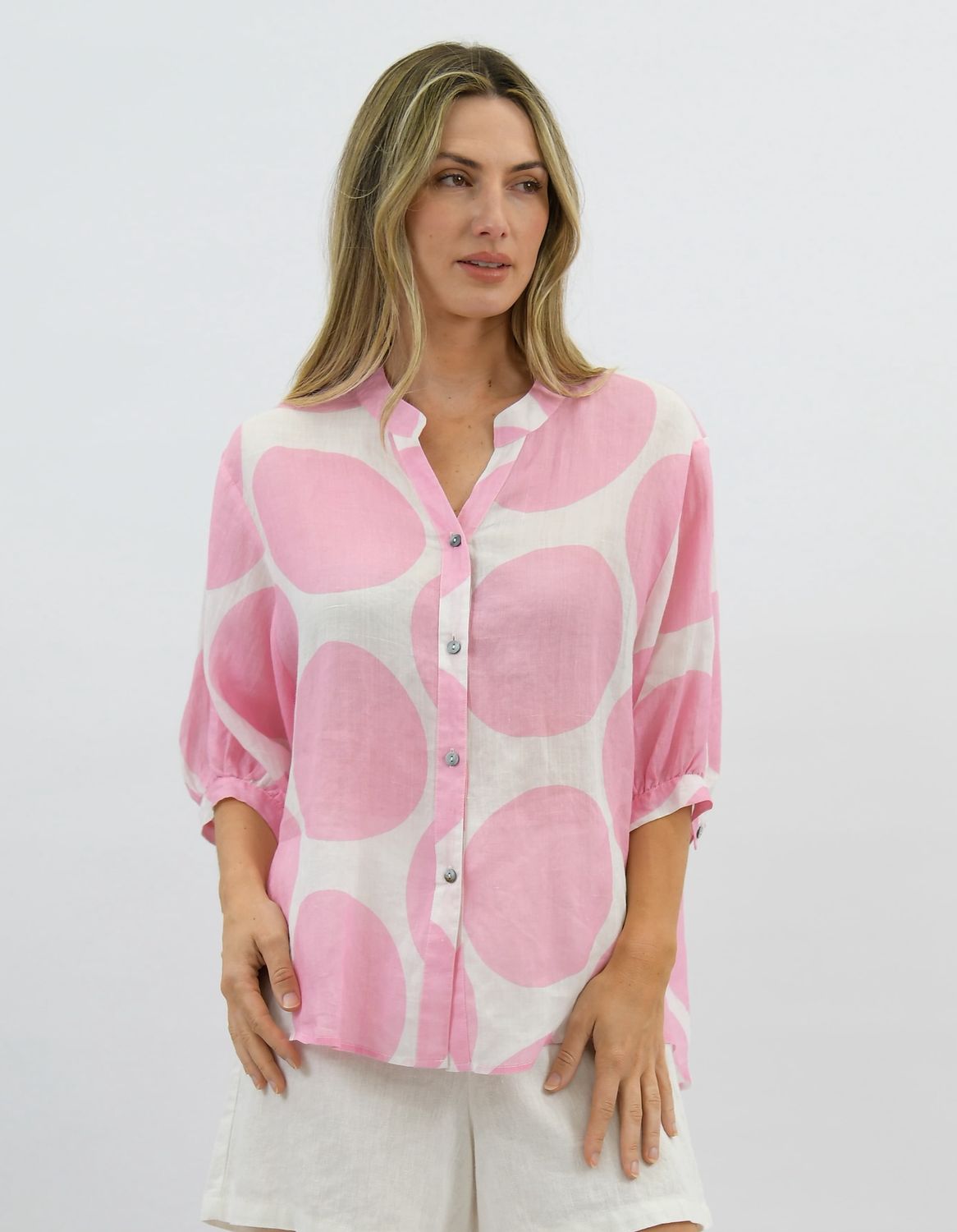 COCO LINEN DOT BLOUSE - PINK/WHT