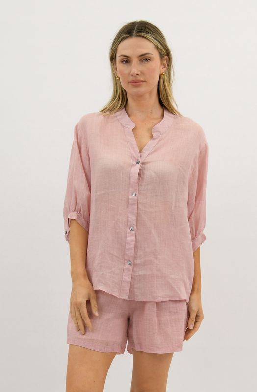 AURORA LINEN BUTTON BLOUSE - PINK
