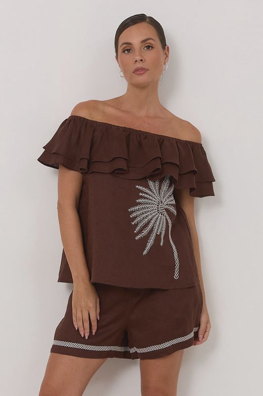 SERENA LINEN FRILL BLOUSE - CHOC