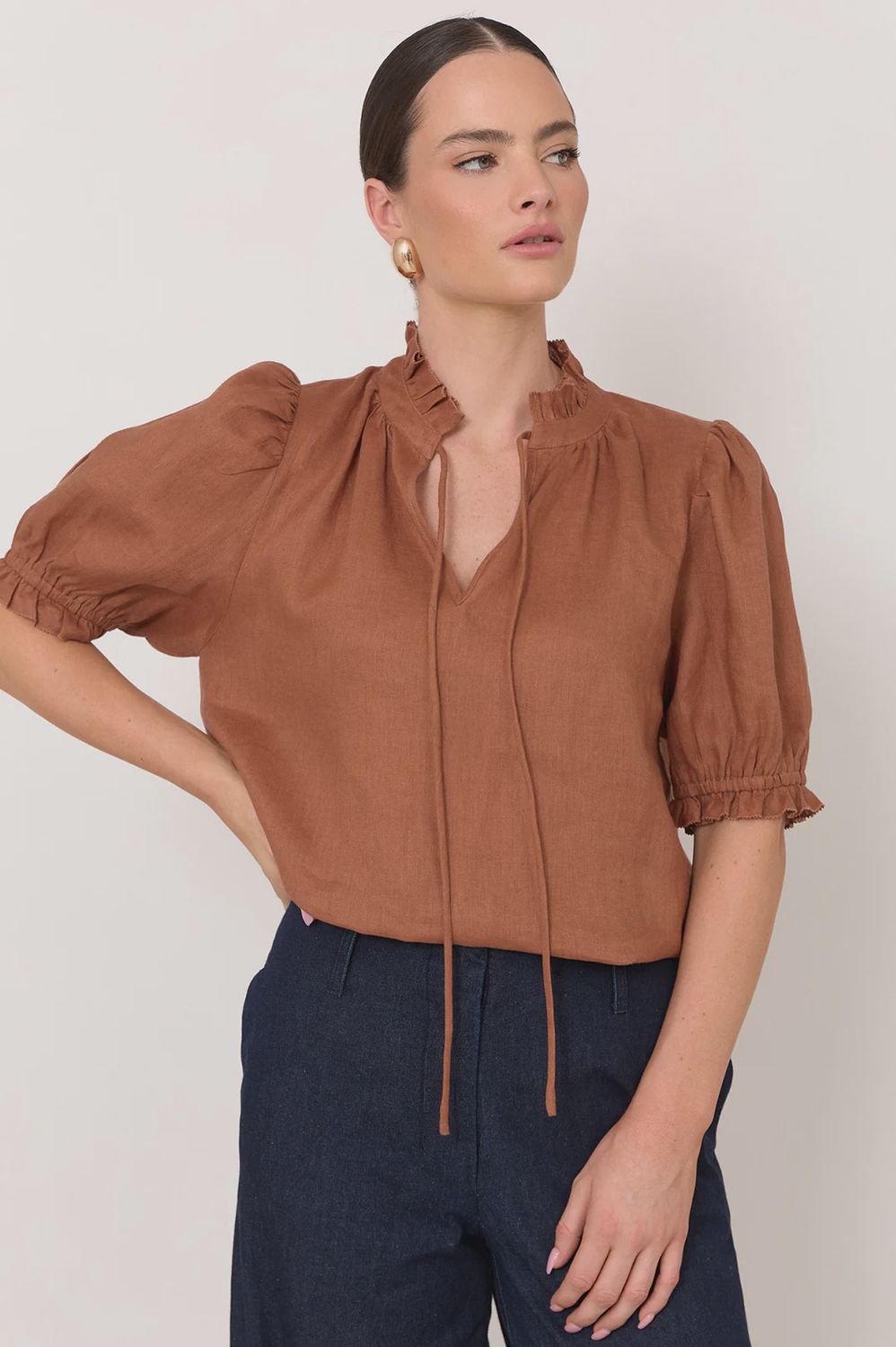 SANDRA SHORT SLEEVE BLOUSE - TAN