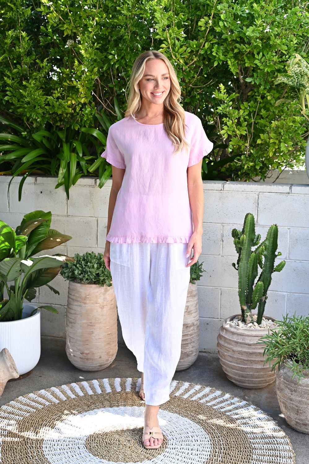 EMMA LINEN FRILL TOP - B/PINK