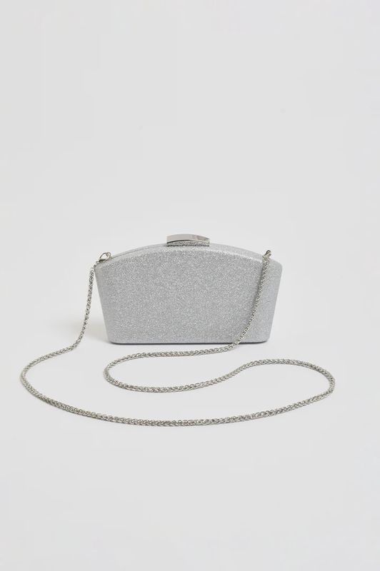 VALENCIA GLITTER CURVE TOP CLUTCH - SILVER