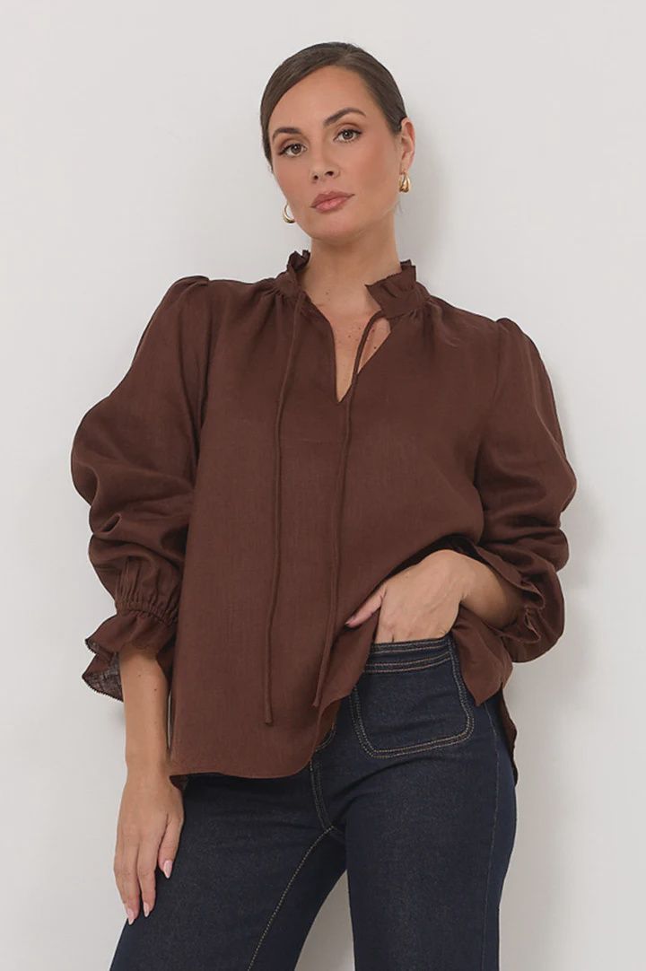 SANDRA LONG SLEEVE LINEN TOP - CHOCLATE
