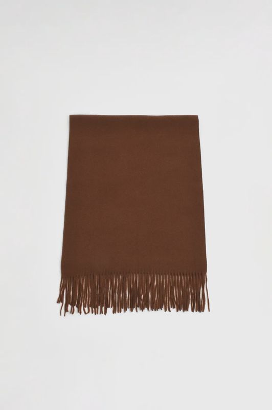WOOL BLEND FRINGE SCARF - CHOC