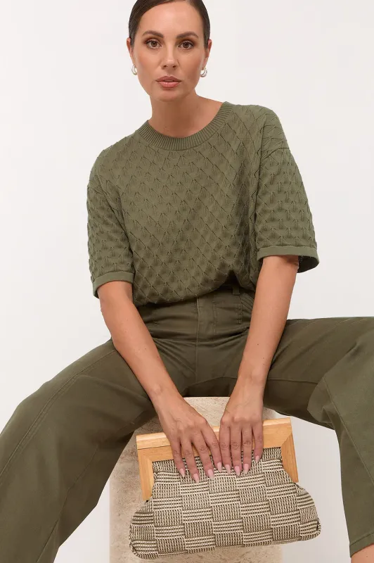CHECK WEAVE CLUTCH KHAKI - ADORNE