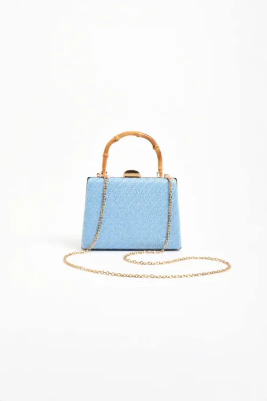 BAMBOO HANDLE WEAVE BAG BLUE - ADORNE