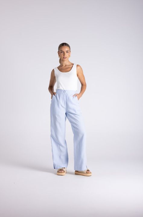 WIDE LEG LINEN PANT - BLUE