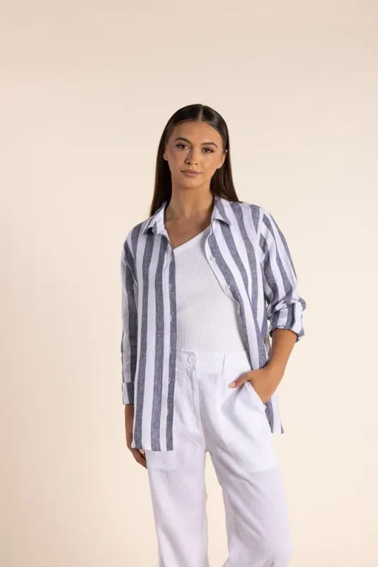 LINEN STRIPE SHIRT NAVY WHITE