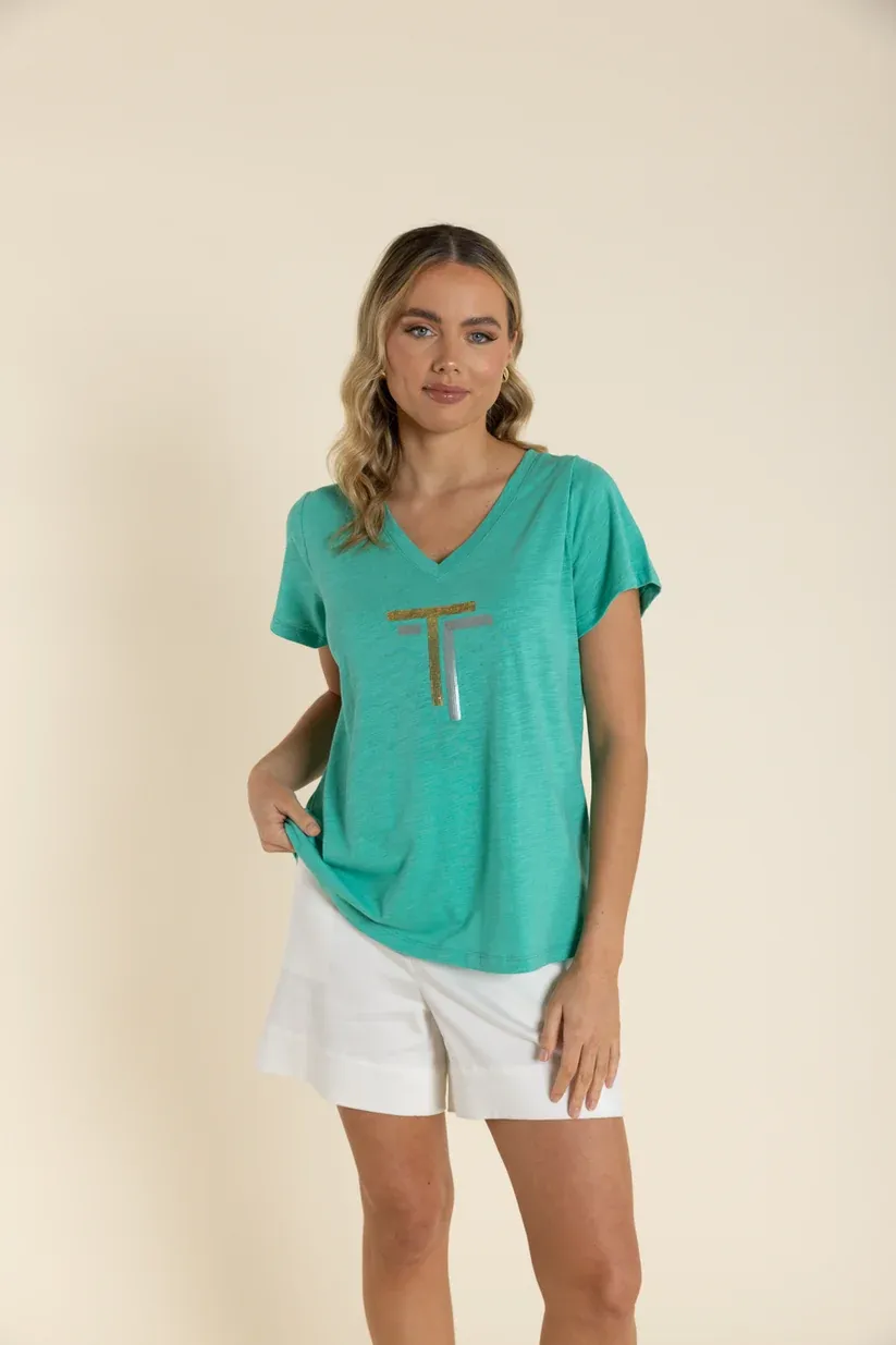 SEQUIN V NECK TEE SEAFOAM