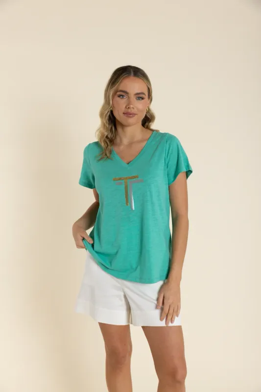 SEQUIN V NECK TEE SEAFOAM