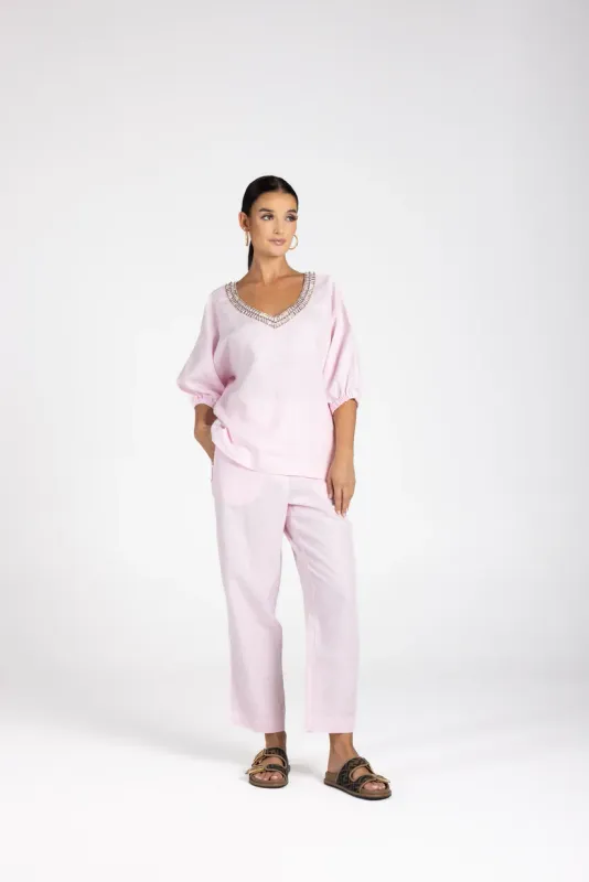 LINEN V-NECK BEADED TOP PINK