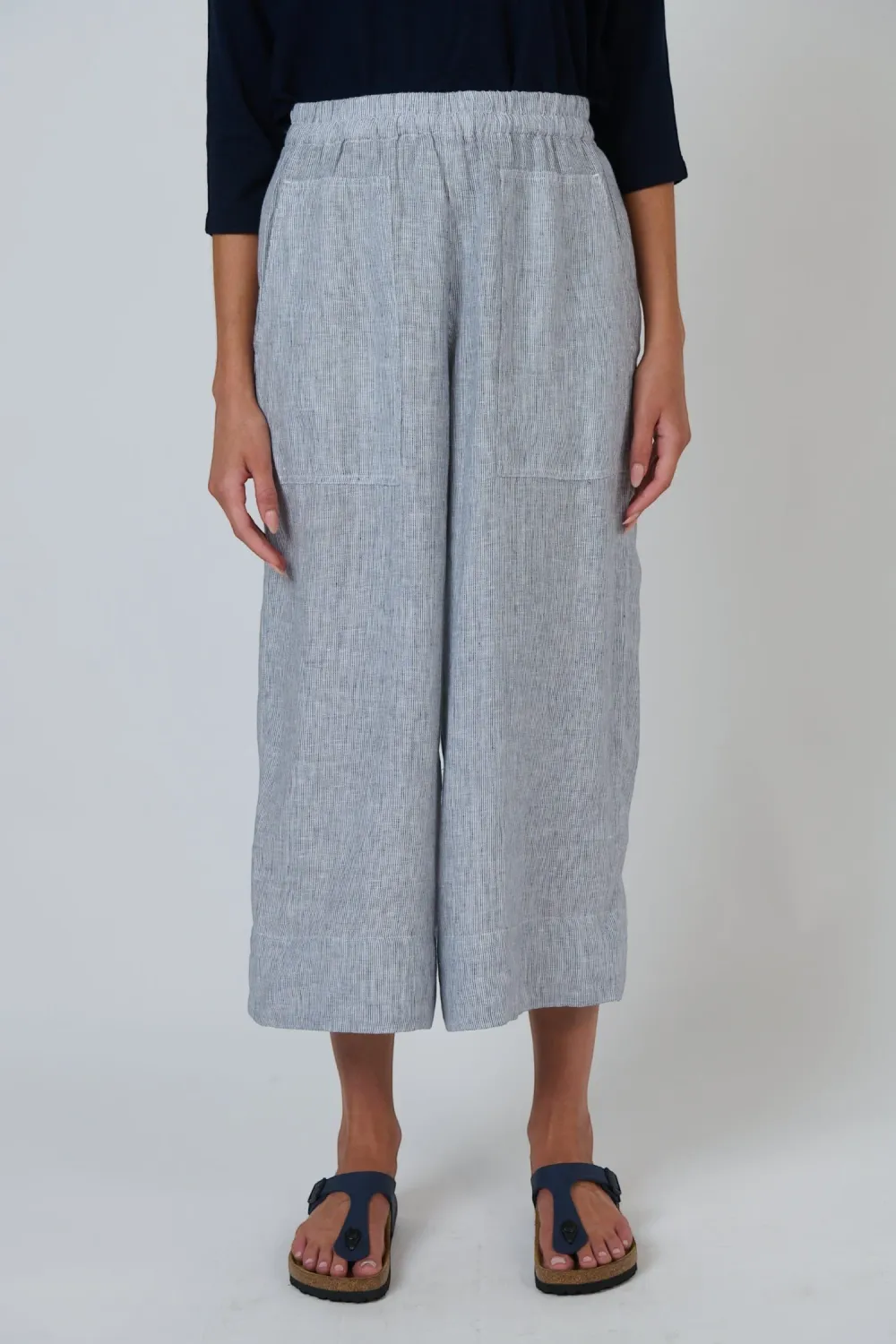 NATURALS JENNY WIDE LEG LINEN PANTS CROPPED - SILVER STRIPE