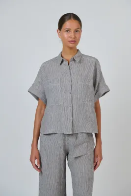 NATURALS DEB - WOMEN'S LINEN COLLARED SHIRT - NAVY STRIPE