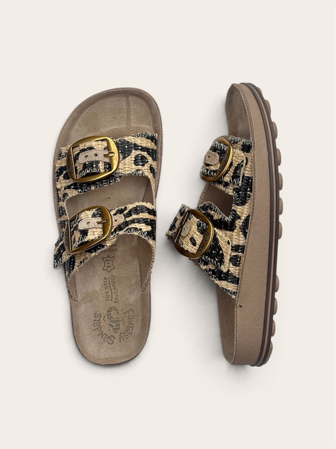FANTASY SANDALS - WOMEN'S LEATHER SLIDES - BROWN AFRICANA