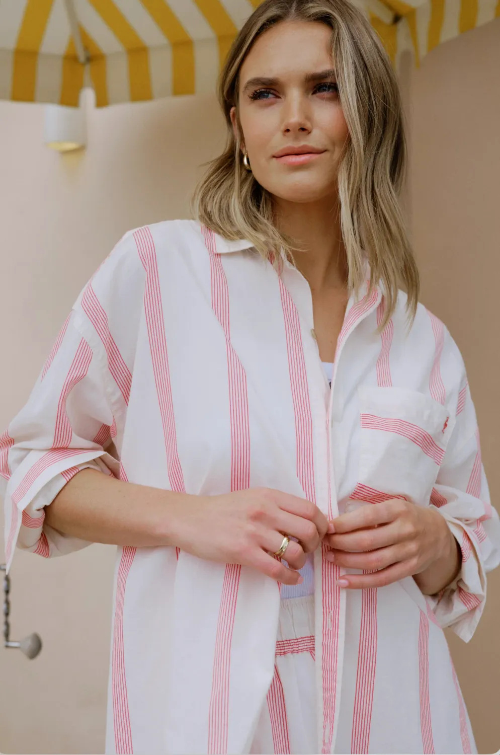 CERES LIFE PETA WOMEN'S OVERSIZED COTTON SHIRT - VARIEGATED RED STRIPE