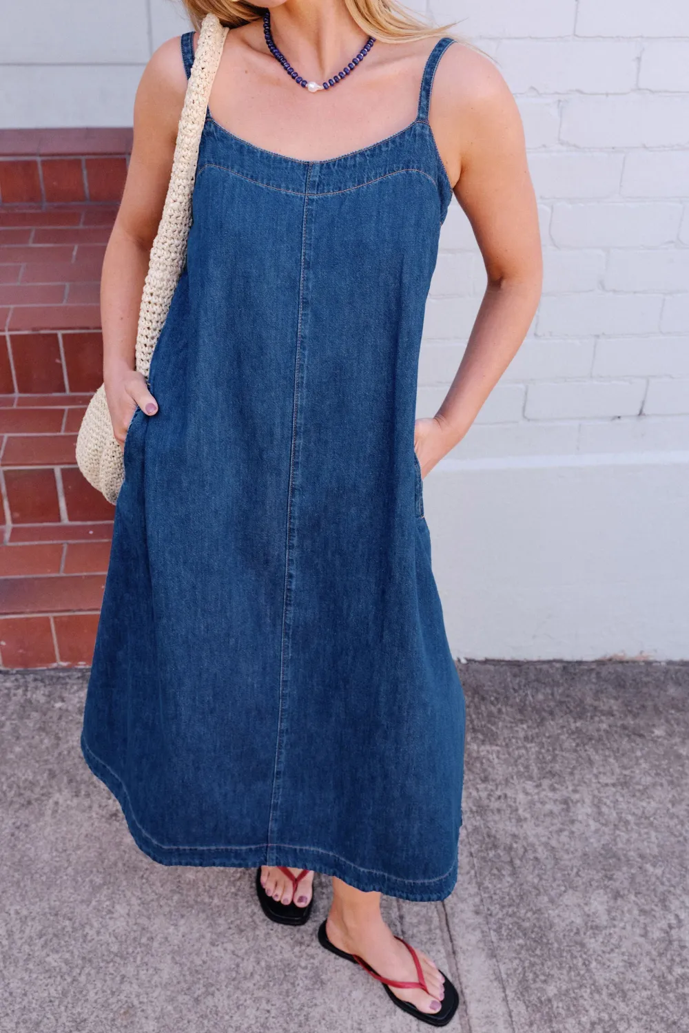 CERES LIFE REMY STRAPPY MIDI DRESS DENIM COTTON LINEN - TRUE INDIGO