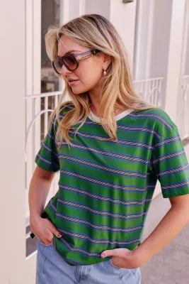CERES LIFE STEVIE SLOUCHY WOMEN'S TEE - BASIL / BLUE STRIPE