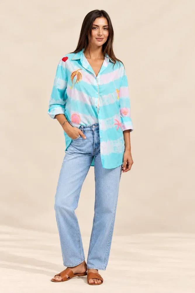 ZODA WOMENS COTTON SHIRT TIE DYE PINK AQUA