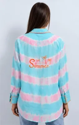 ZODA WOMENS COTTON SHIRT TIE DYE PINK AQUA
