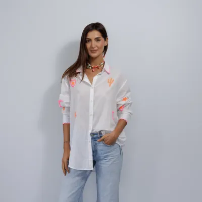 ZODA WOMENS COTTON SHIRT WHITE PINK TRIM