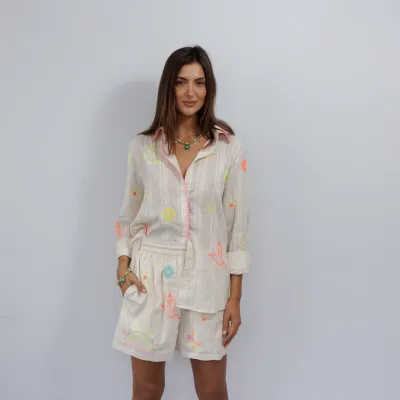 ZODA WOMENS COTTON SHIRT CREAM WITH PINK TRIM