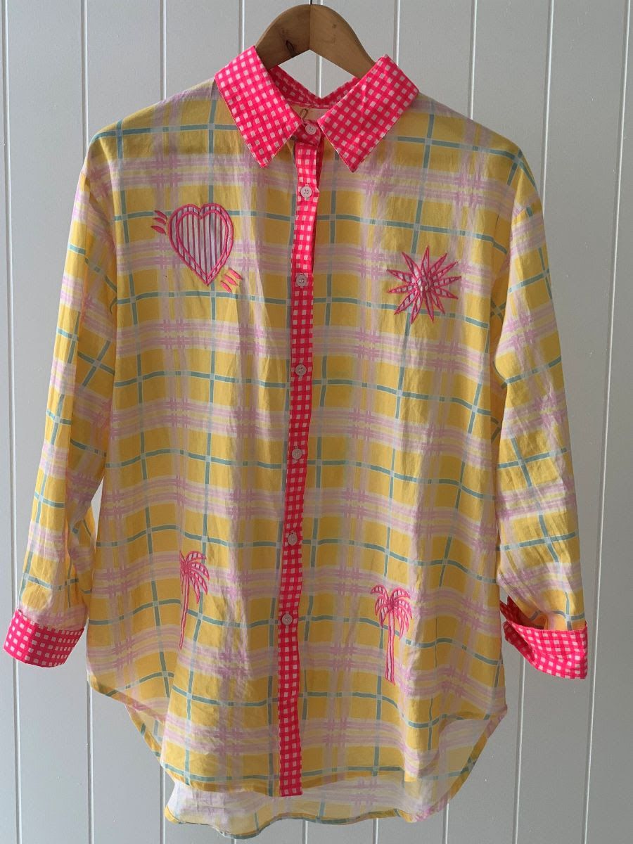 ZODA WOMENS COTTON SHIRT YELLOW CHECK PINK TRIM
