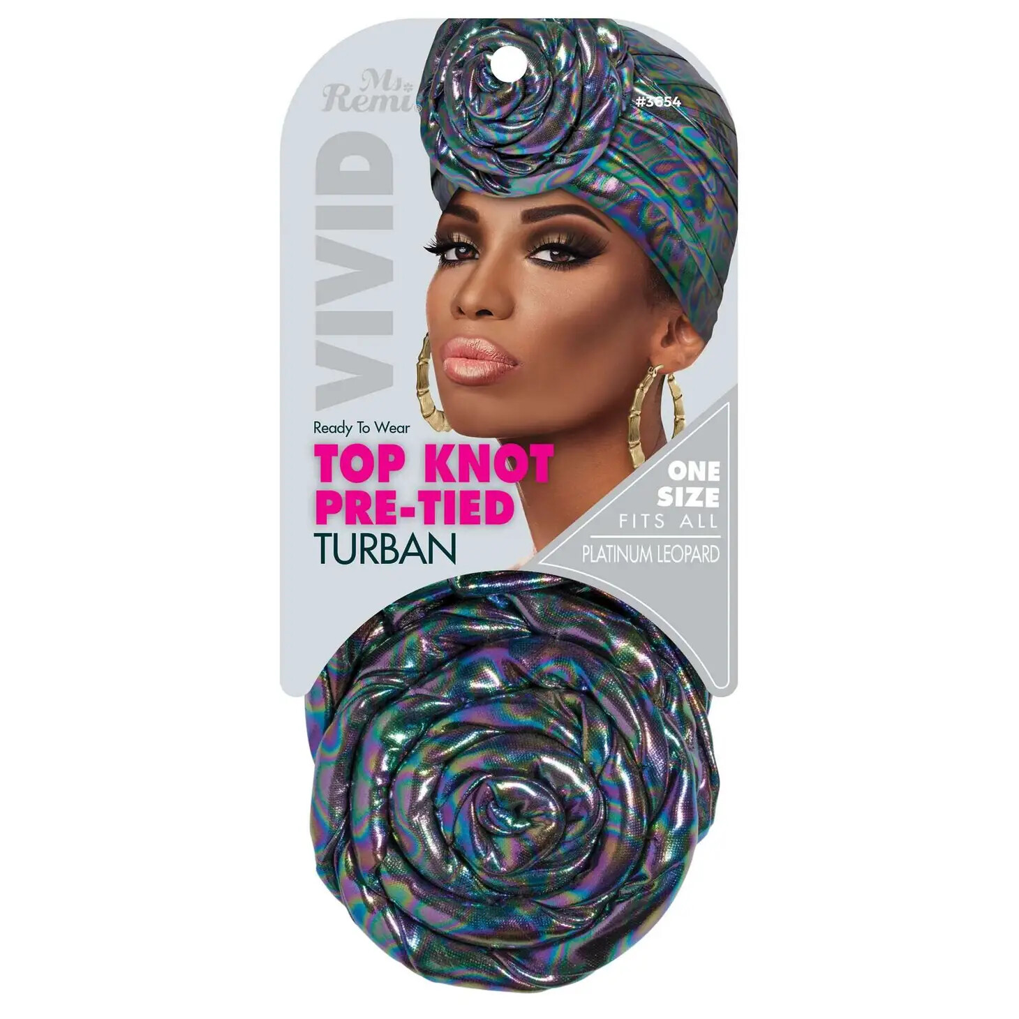 Vivid Top Pre-Tied Turban, Color: Platinum Leopard
